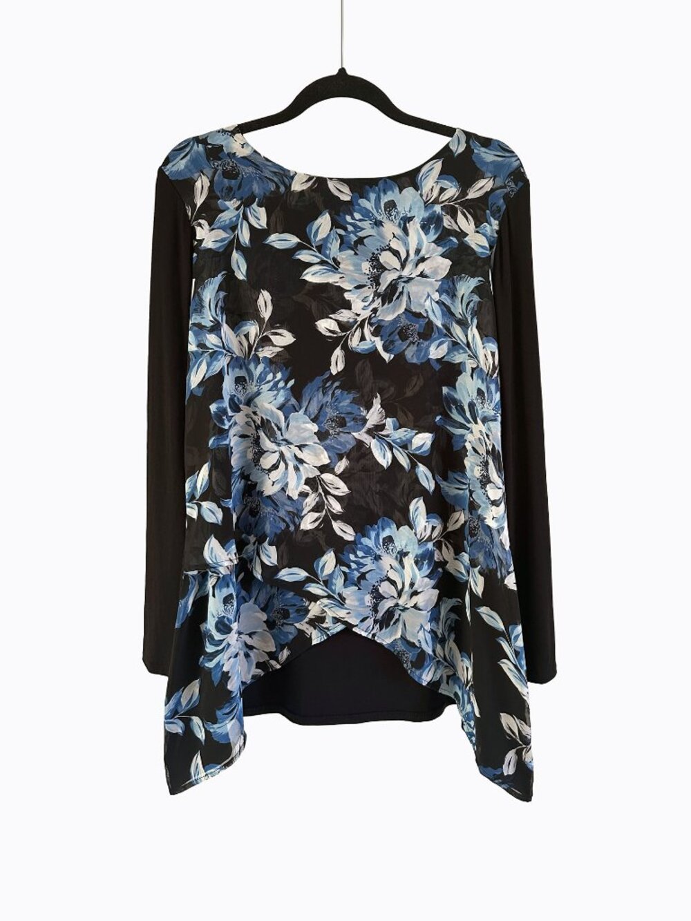Night Floral Chiffon Overlay Tunic Top L Blue Black Whimsigoth Asymmetrical Boho